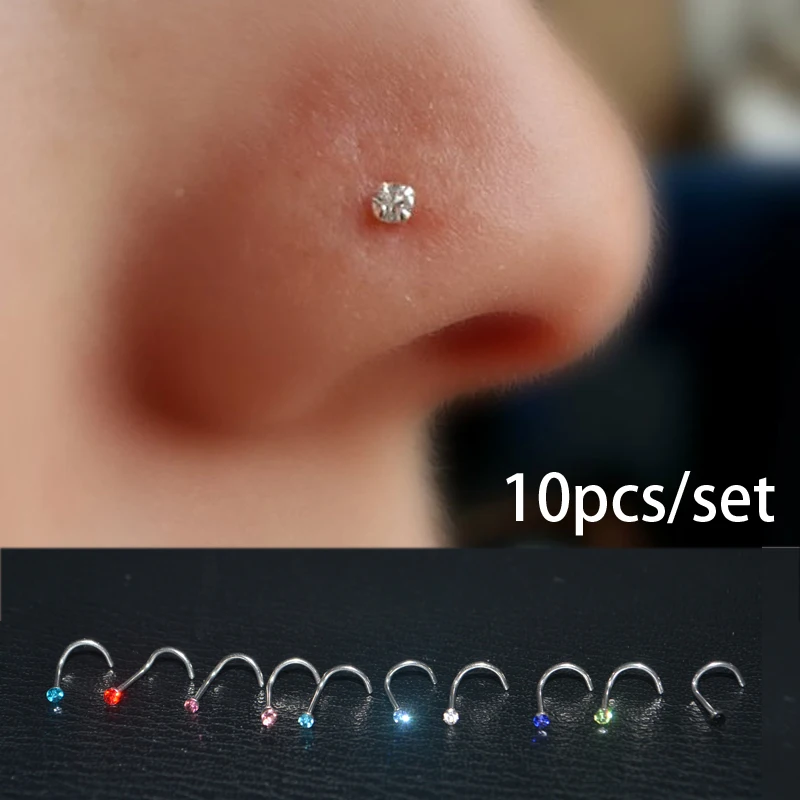 

10pcs/lot stainless steel Nose Screw 316L multi crystal nose stud bone piercing Nariz Body jewelry