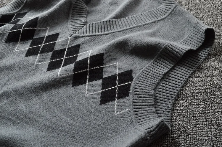 Argyle клетка элегантный дизайн Британская школьная форма v-образным вырезом жилет японский JK свитер без рукавов хлопковые топы цвет серый