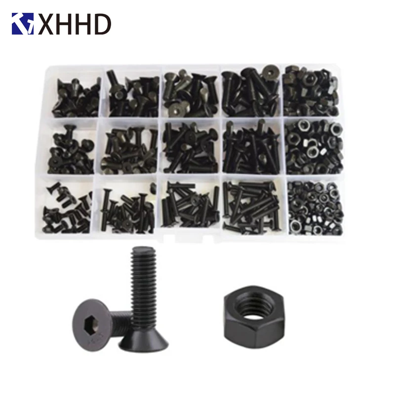

Hex Flat Socket Head Machine Screw Metric Thread Allen Countersunk Hexagon Bolt Screw Nut Set Assortment Kit Box Black M3 M4 M5