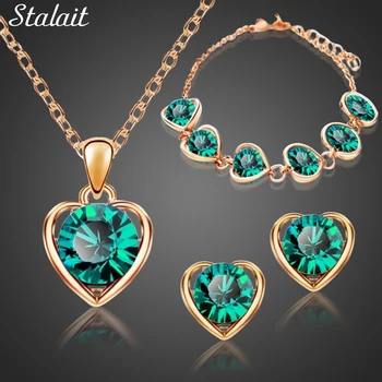 

Fashion Gold Color Green Crystal Necklace Pendant Earrings Bracelet Heart Jewelry Set For Women Christmas Party Jewelry