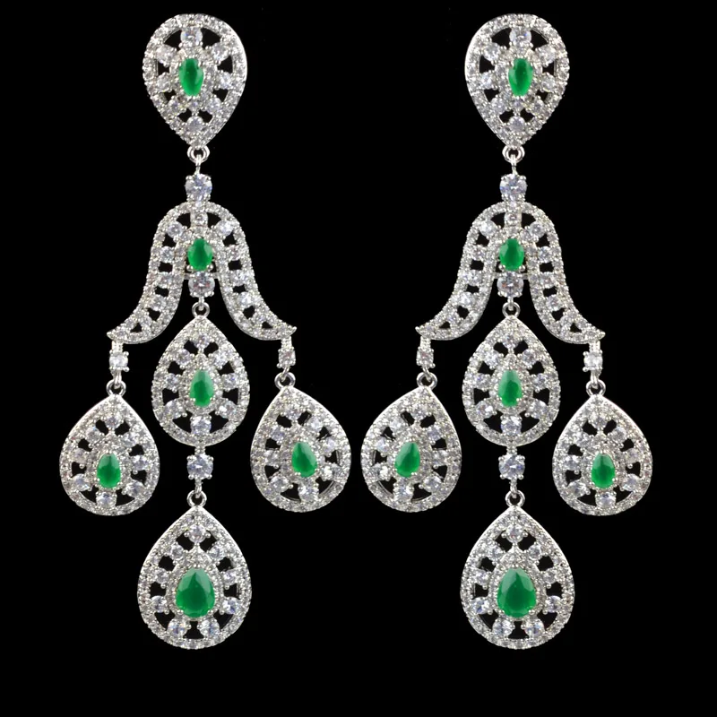 

New design 8.1cm long luxury big size dangle earrings for women,high quality fashion green zircon earrings for wedding/party