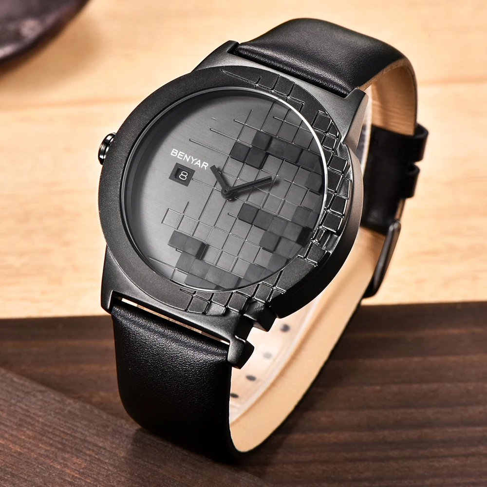 Benyar 방수 30 m 정품 가죽 스트랩 럭셔리 쿼츠 드레스 시계 크리 에이 티브 디자인 자동 날짜 패션 캐주얼 남자 시계