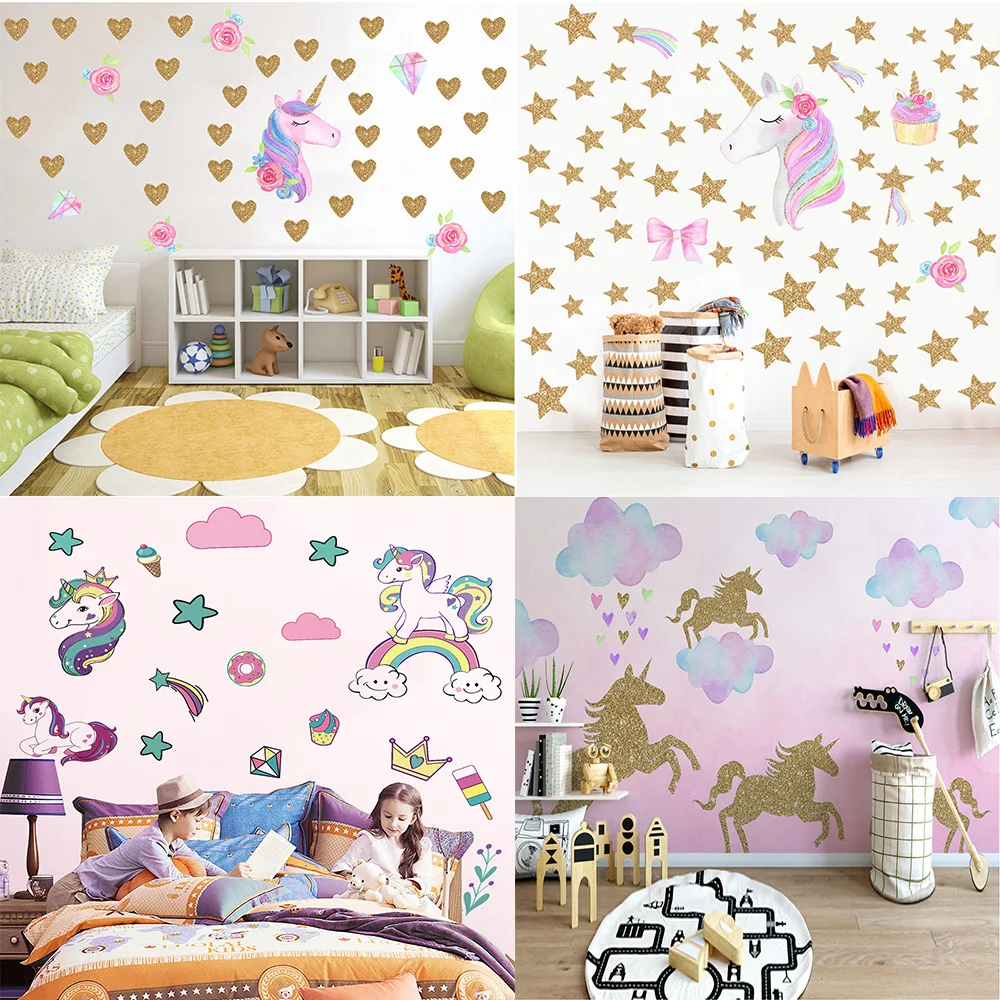 

Cute Unicorn Stars Clouds Gold powder Cartoon Wall Sticker For Kids Girls Room Nursery Poster Home Decor Art Vinyl Wall Decals