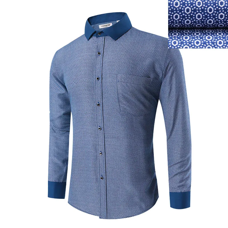 Бренд Синяя Напечатанная Рубашка Мужская С Длинным Рукавом Большого Размера Хлопковая Повседневная Сорочка Мужская Формальная Рубашка Для мужчин - Цвет: Dark Blue 010
