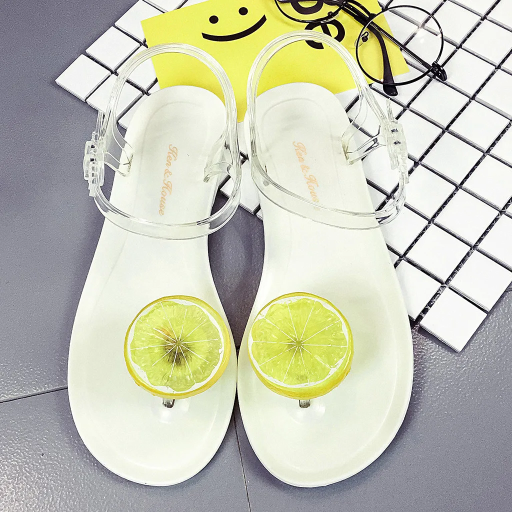 Women's sandals Fashion chaussures femme Transparent Strap sandals women Lemon Pattern Flat Sandals Beach Shoes Slides terlik