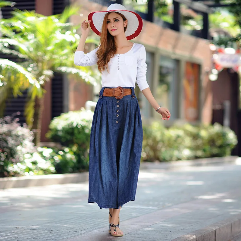 women denim Skirt European 3xl 4xl 5xl Plus size Women Skirts Solid blue color split denim skirt Empire Waist Cotton Long Skirt