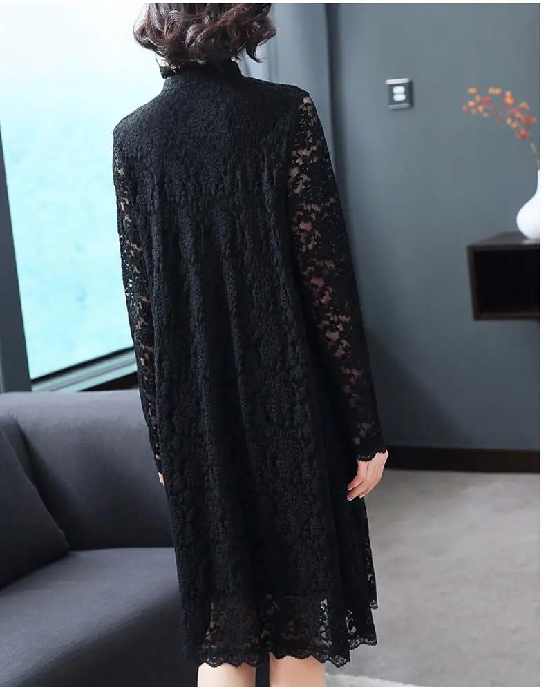 Весна Осень повседневное винтажное женское кружевное лоскутное свободное черное платье со стоячим воротником, осень, женские плиссированные платья 4xl