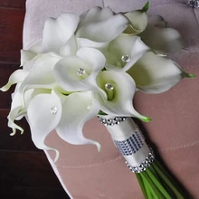 Шелковые лепестки для свадеб букет-Калла лилии белый натуральный сенсорный с кристаллами Шелковый букет невесты