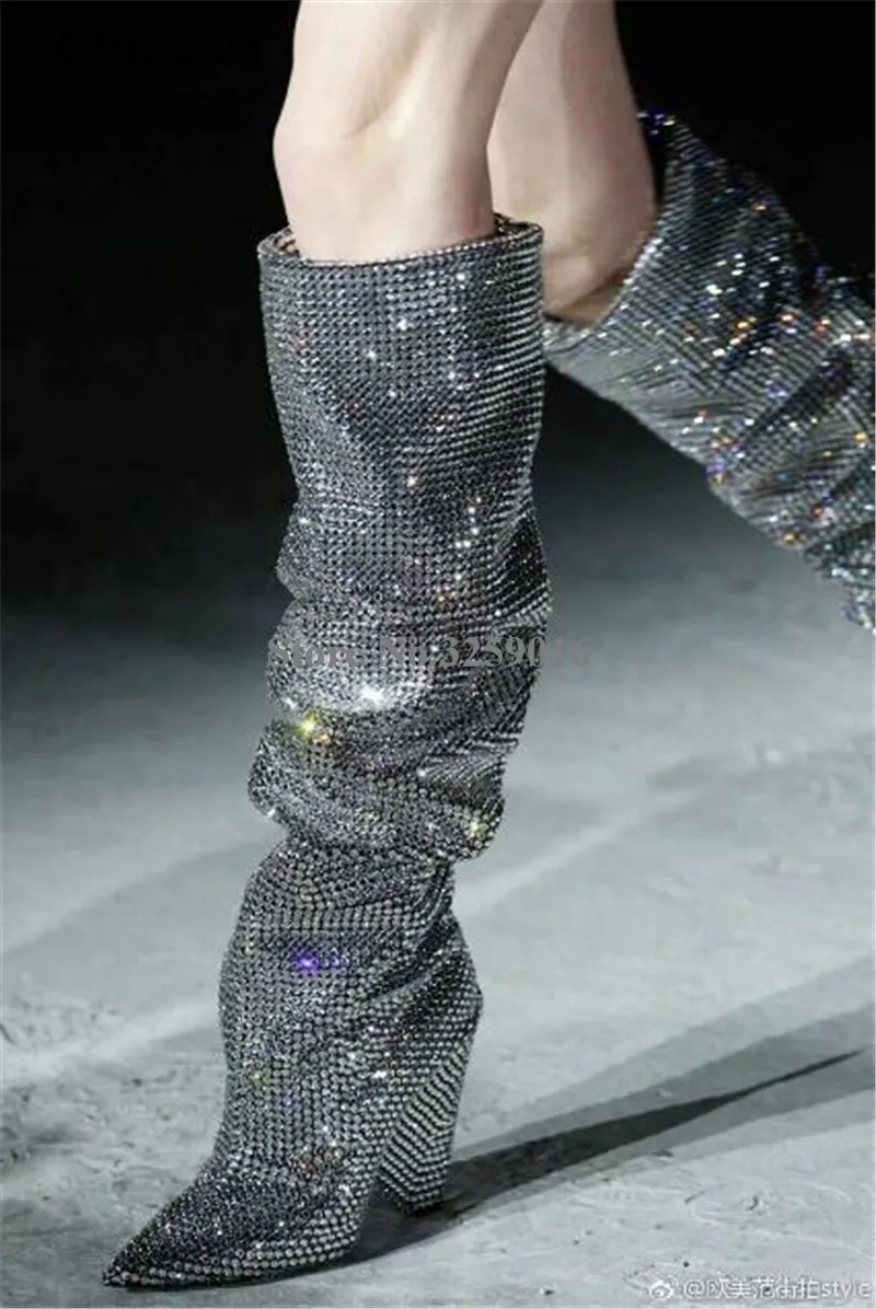 

2018 Hottest Women Pointed Toe Over Knee Rhinestone Spike Heel Boots Bling Bling Crystal Long High Heel Boots Dress Shoes