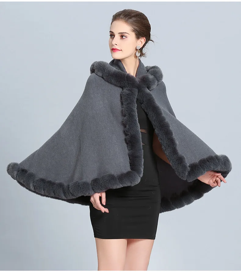 European Women Cloak Faux Fox Fur Patchwork Woolen Coats 2019 Autumn Winter Female Hooded Outerwear Wool Jackets Party Clothing black puffer coat with hood