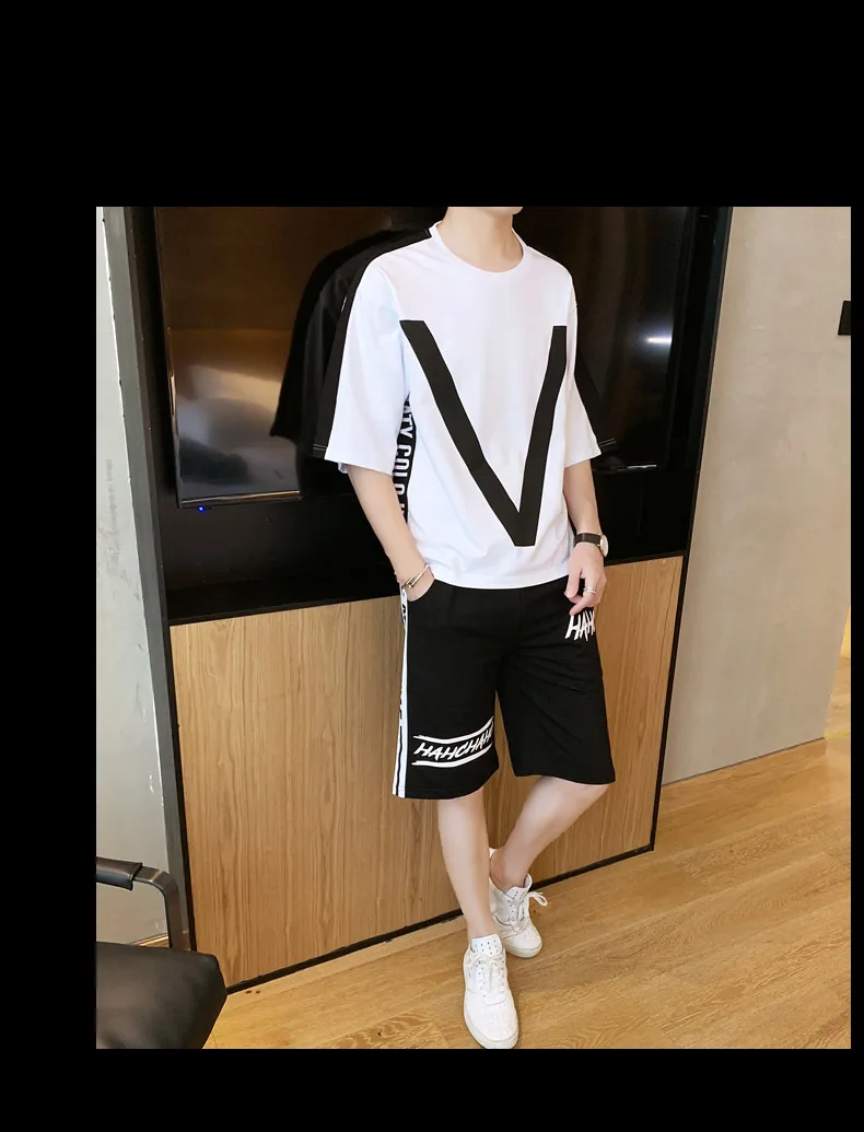 Модный мужской набор пэчворк печать Мужской o-образным вырезом Половина рукава футболка шорты Повседневная 2 шт. мужской набор