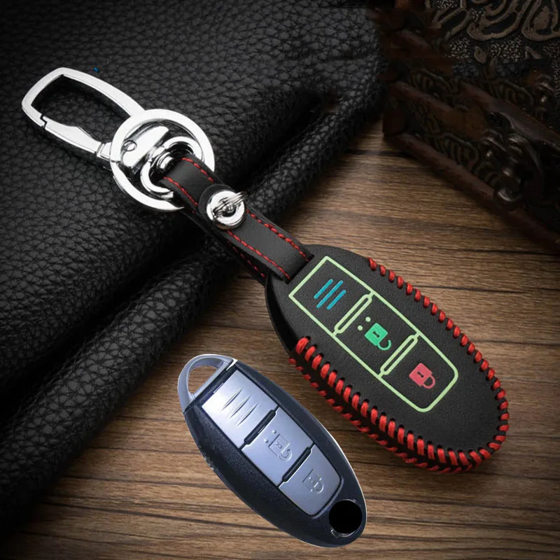Hand sewing Luminous Top Layer Leather Car Key Case Cover For Nissan Tidda Livida X-Trail T31 T32 Qashqai March Juke Pathfinder key case key case cover