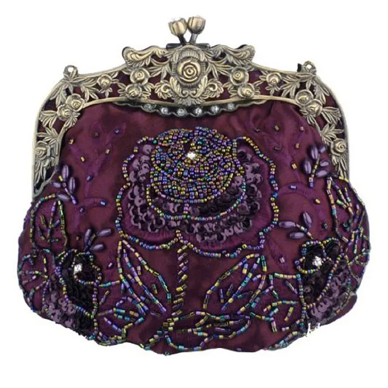 Women's Antique Beaded Party Clutch Vintage Rose Purse Evening Handbag (22)