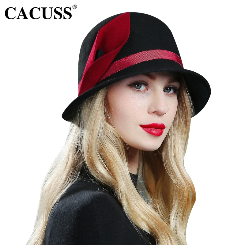 CACUSS Luxury Business Fedora For Women Ribbon Wool Caps Spring Winter