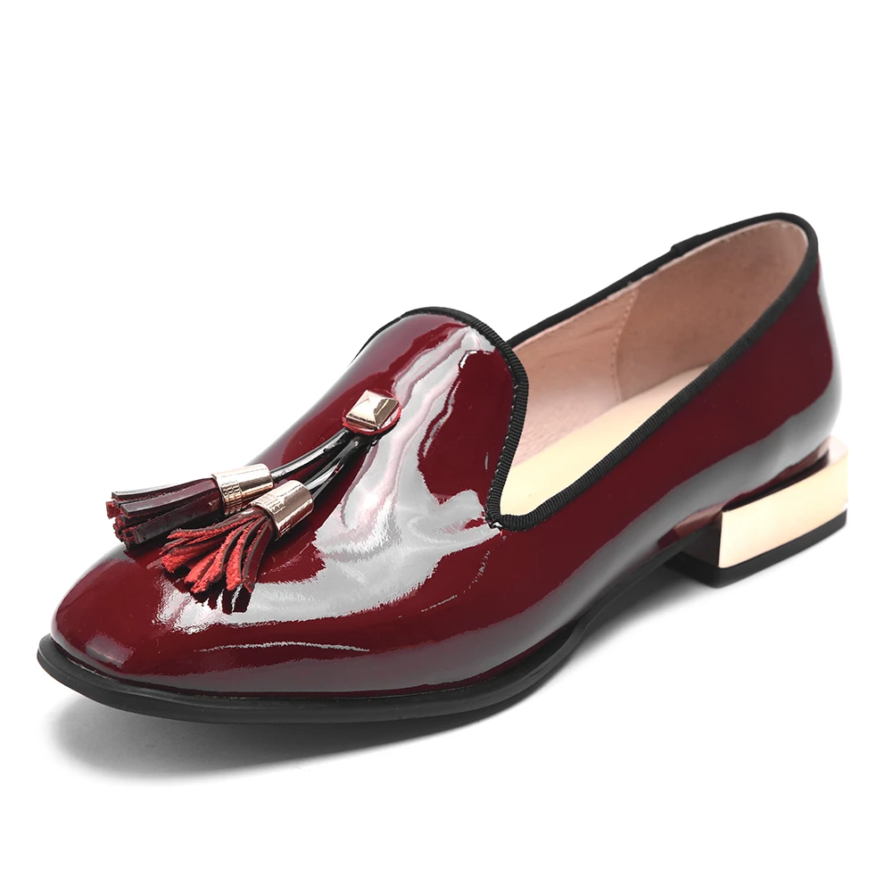 

RIBETRINI Hot Sale Patent Leather Fringe Summer Shoes Woman Pumps Female Chunky Heels Casual Slip On Black Pumps Woman Shoes