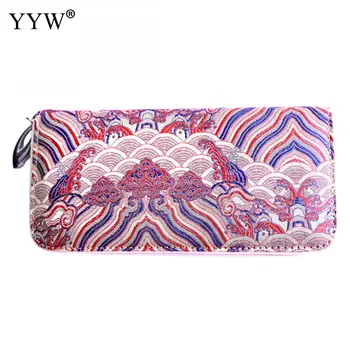 

Floral Embroidered Women's Purse PU Leather Pink Wallet Women Zipper Clutch Bag National Style Lady Long Wallets 3 Colors