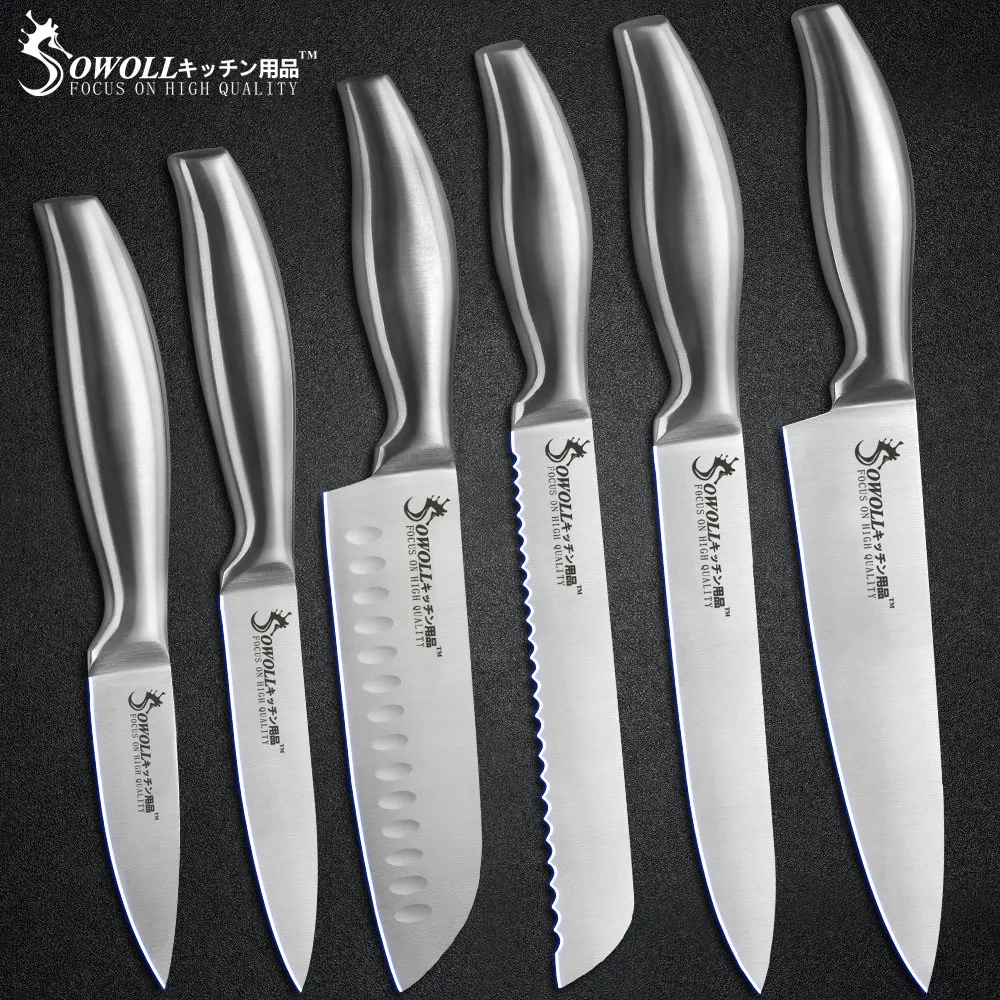 

Sowoll 6pcs Kitchen Knife Sets Stainless Steel Blade Sharp Comfortable Bend Handle Chef Knife Slicing Bread Santoku Kitchen Tool