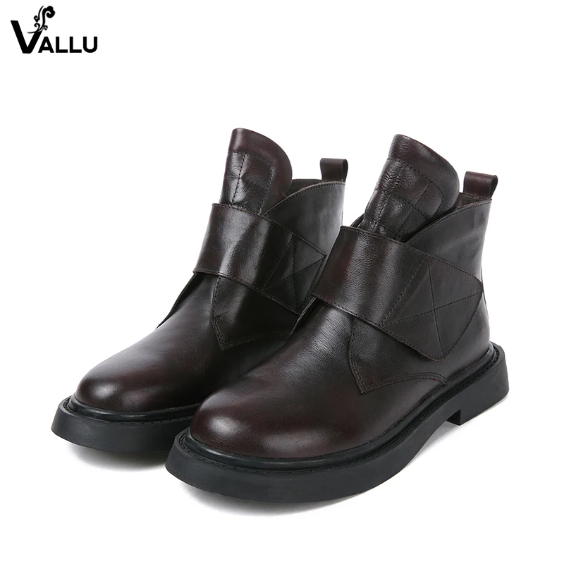 

Hook & Loop Women's Short Boots Winter Fashion Ankle Plush Booties Lady Natural Leather Block Heel Female Leisure Footwear Shoes