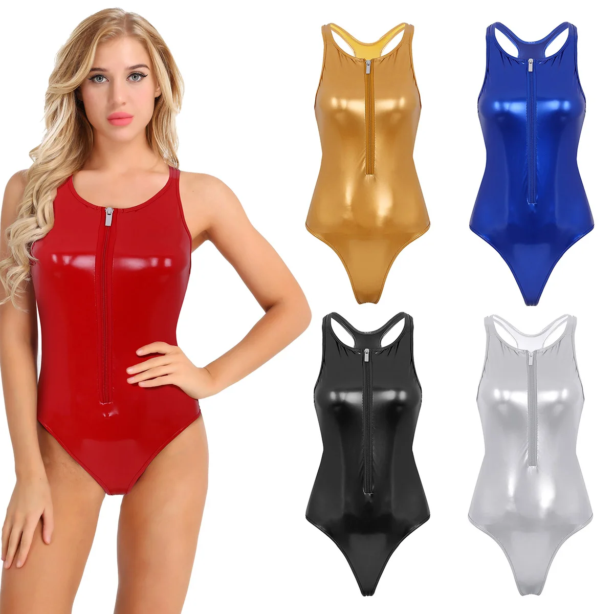 TiaoBug أزياء النساء لامعة فو جلدية أكمام الرسن انقطاع سستة الساخن مثير ارتداءها Catsuit النساء عالية قطع Clubwear تيدي