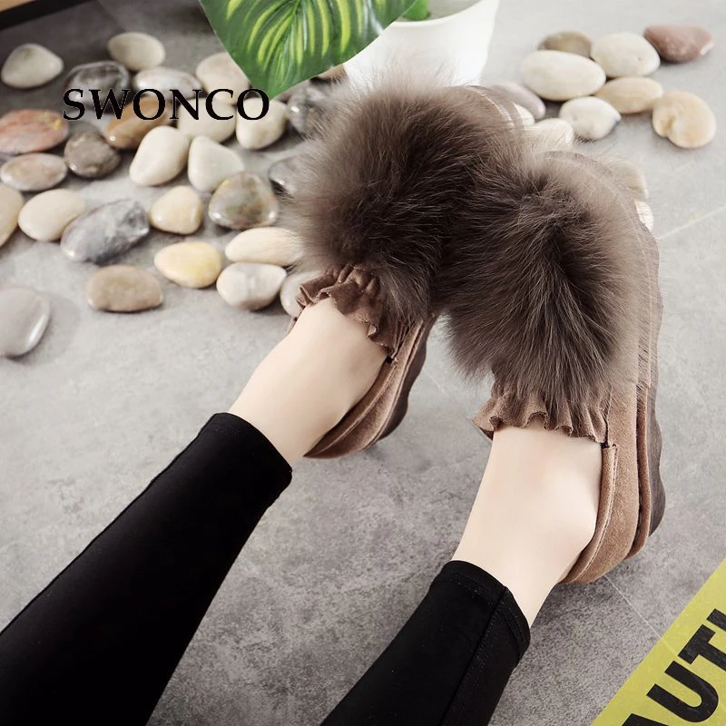 SWONCO/женские лоферы; коллекция года; зимняя обувь; модная повседневная теплая зимняя обувь без застежки с искусственным мехом; женская обувь; женская кожаная обувь на плоской подошве