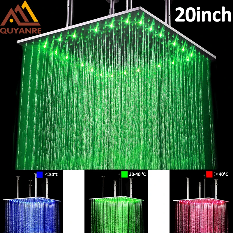 

Brushed Nickel LED 20 Inch Shower Head Bathroom Faucet Accessories Rainfall LED Shower Temperature Sensitive