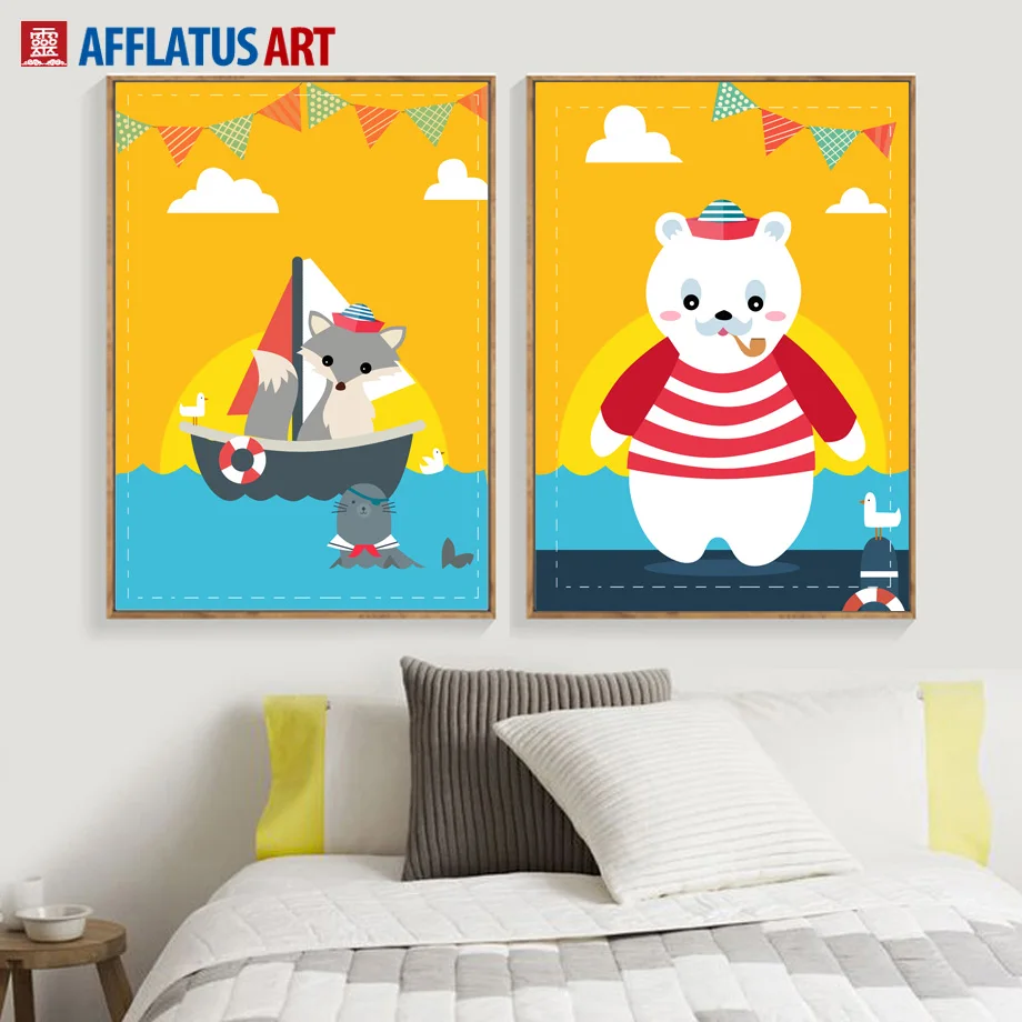 

Bear Fox Boat Bunting Wall Art Canvas Painting Nordic Posters And Prints Animals Cartoon Wall Pictures For Kids Room Home Decor