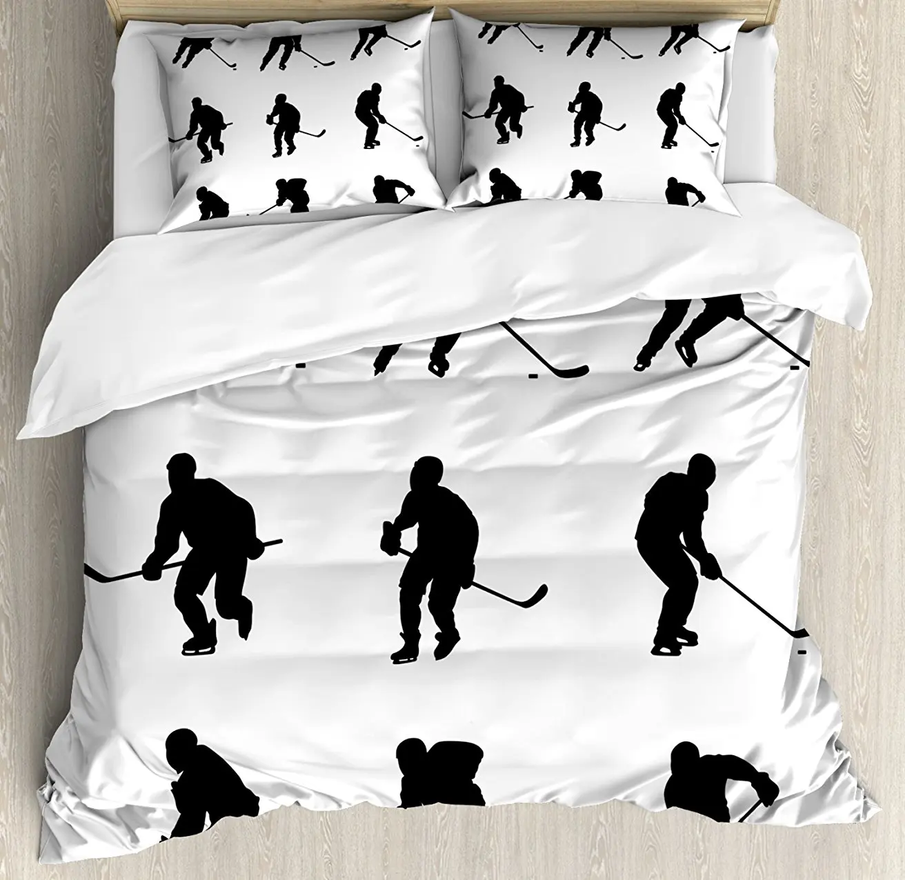 

Duvet Cover Set, Collection of Player Silhouettes in Black and White Different Positions with Sticks, 4 Piece Bedding Set