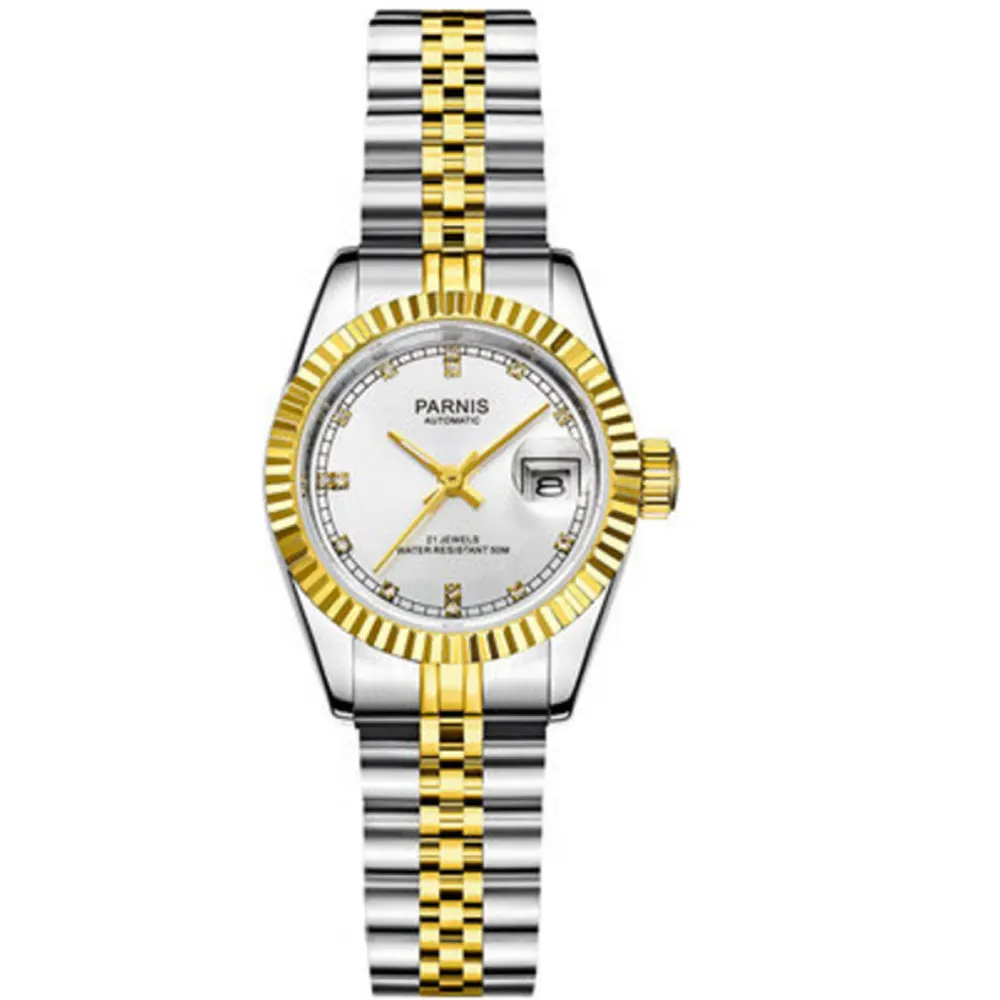 US $113.40 26mm Parnis White diamond dial Sapphire Glass Date Ladies Watches Royal Rhinestones Japan Miyota Automatic movement Womens Watch