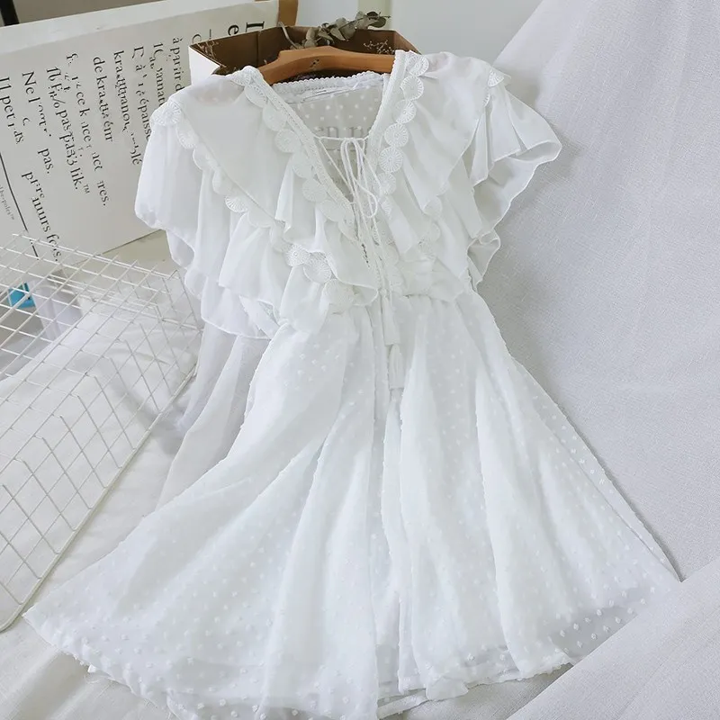 

Solid Lace Up Ruffles Mini Chiffon Dress Women V-neck Butterfly Sleeve A-line Party Dress Summer Beach Empire Dress