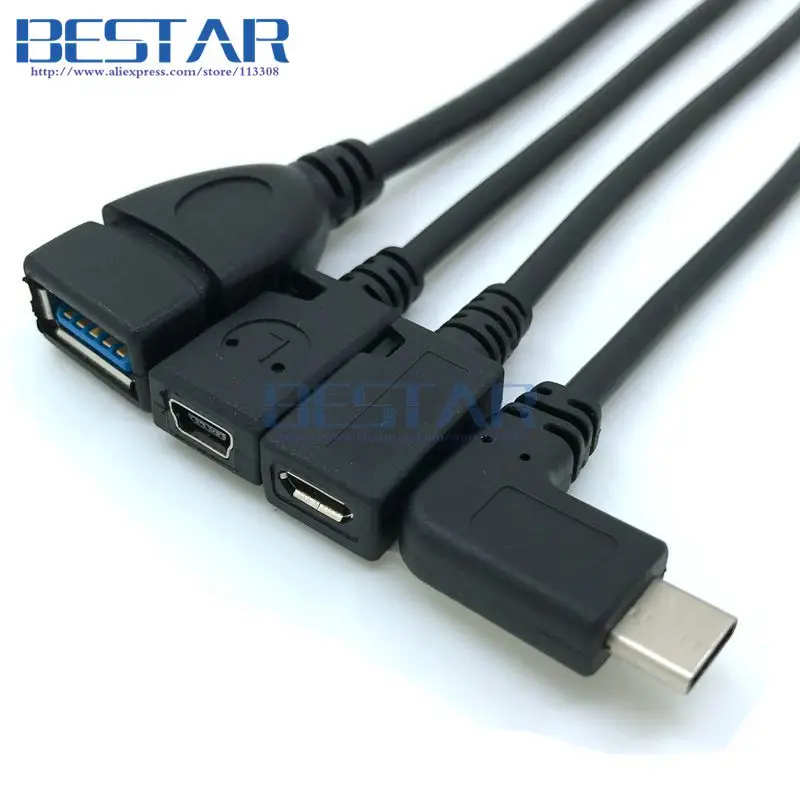 Discount 100pieces/lot USB 3.1 Type-c Male Right Angle to USB Mini-USB Micro-USB Female Convert adapter Cable 25cm Mini Micro USB Cables 0