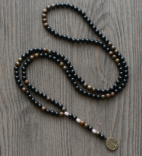 Men Necklace Steampunk 6MM Black Onyx Bronzite with Tree