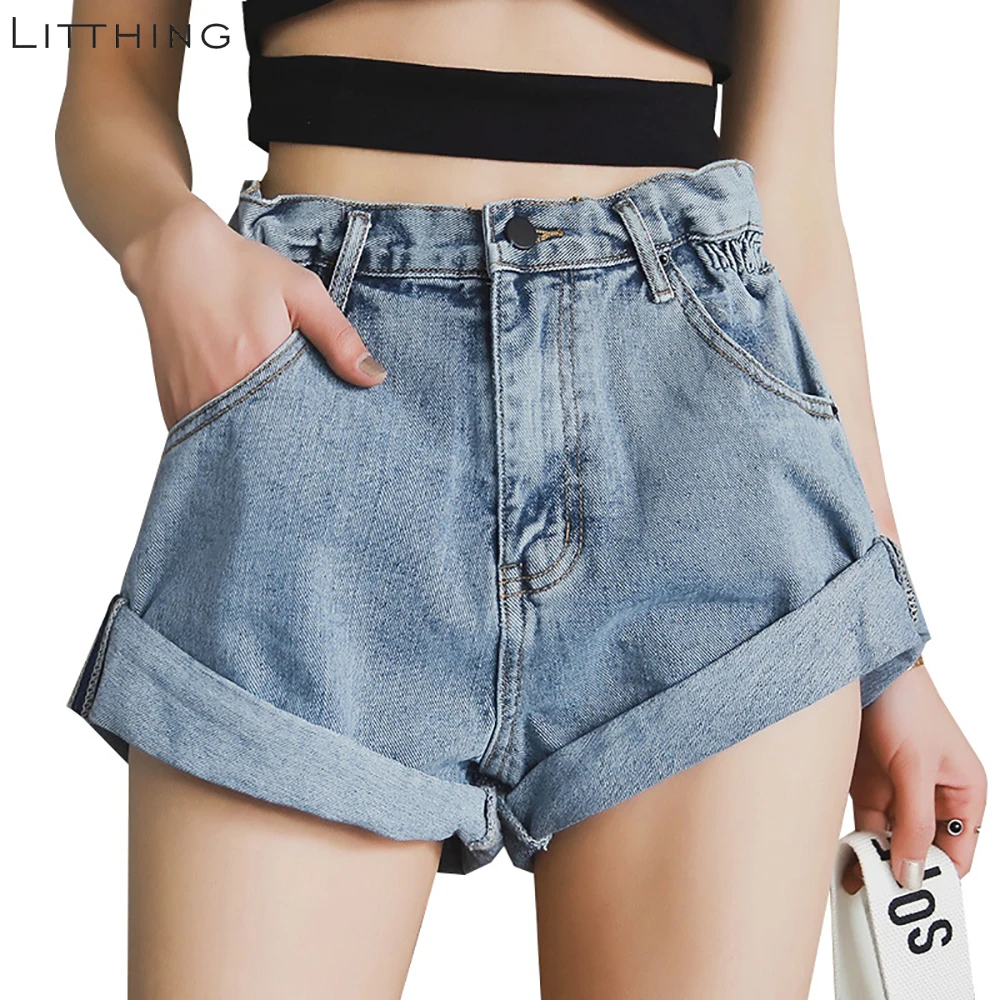 LITTHING Vintage High Waist Crimping Denim Shorts Women