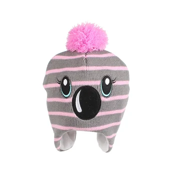 

Knitted Kids Hat Ear Protect Warm Beanie Big Eyes Children's Hat For Girl Striped Cotton Autumn Winter Hat Pompom Girls Clothing