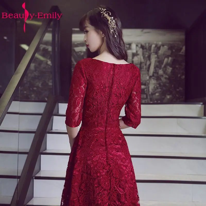 Beauty Emily, сделанные на заказ, Длинные Красные кружевные вечерние платья,, v-образный вырез, ТРАПЕЦИЕВИДНОЕ, короткий рукав, на молнии, платья невесты, платья для вечеринки, выпускного вечера
