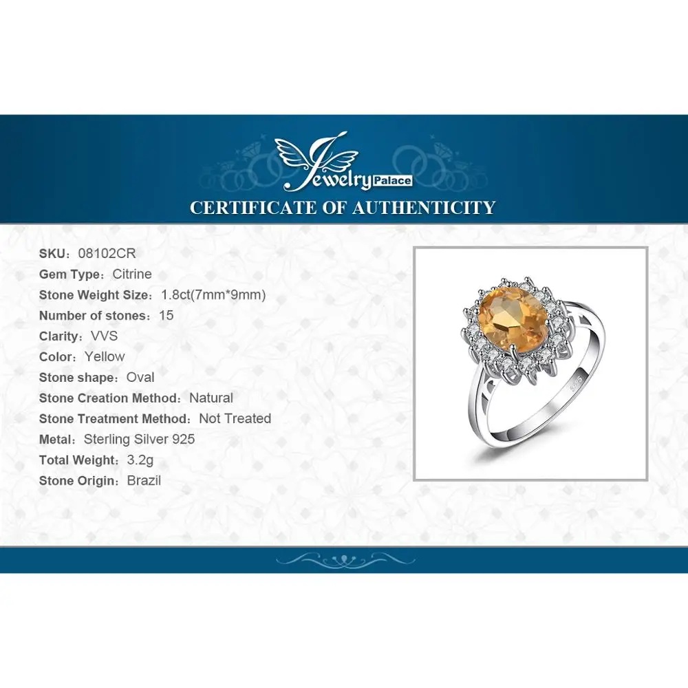 Jewelrypalace Кейт Принцесса Диана 1.8ct натуральный цитрин Обручение Halo Кольцо 925