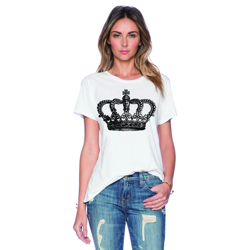 

H5 Summer Round Neck Women Fashion T shirts Personality Crown Print White Tops