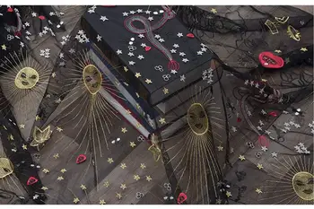 

1 yard black lace fabric with embroidered sun and red heart lace fabric for haute couture