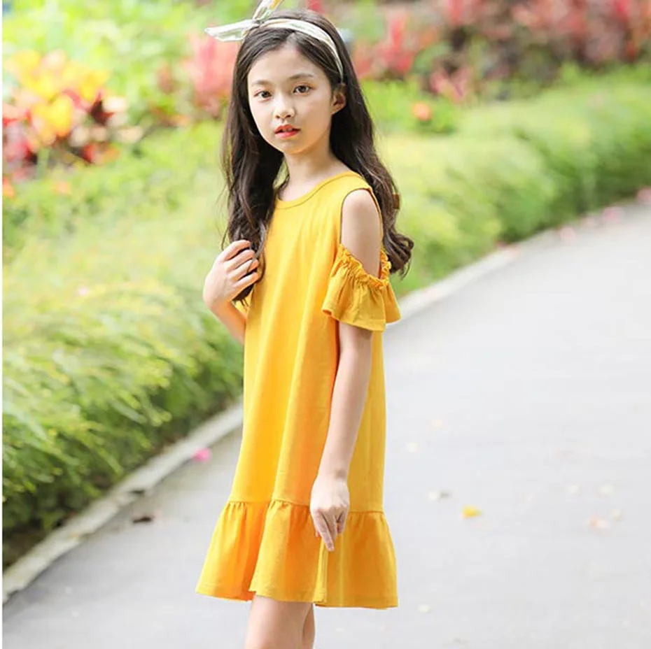 

Summer Kids Dress For Girls Off Shoulder Child Dresses Solid Kids Dress 2019 Holiday Costume Girl Teen Kids Clothing 6 8 12 Year