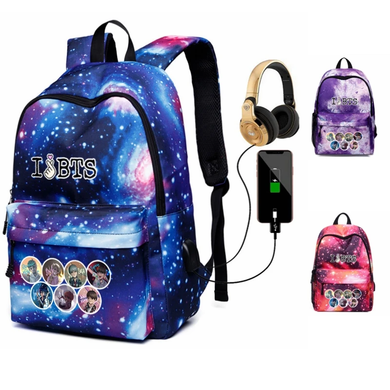 

Galaxy "I Love BTS" Cartoon Backpack for Girls Women Travel Backpack Laptop School Bags With Earphone Cable&USB charging cable