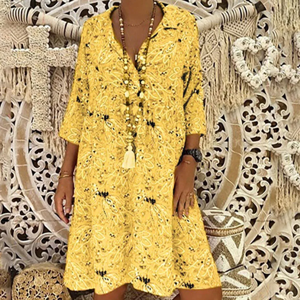 

Women's Dress Plus Size Fashion 3/4 Sleeve Deep V-neck Floral Printed Dresses Vestidos De Verano Casual Loose Women Summer Dress