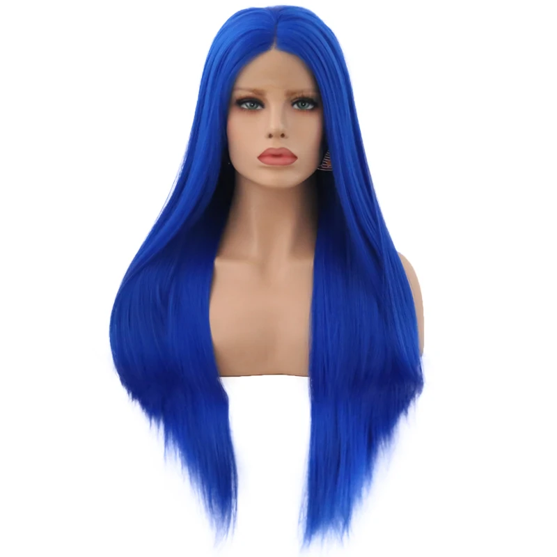 Bombshell Длинные прямые Синий цвет синтетический парик фронта шнурка Glueless термостойкие волокна волос средний пробор для женщин парики