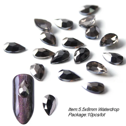 10 шт, черные стразы, украшения для дизайна ногтей, сердце, капли в форме кристалла, камни с плоской задней частью, дизайн ногтей, ювелирные камни TR724 - Цвет: 5.5x8mm Waterdrop
