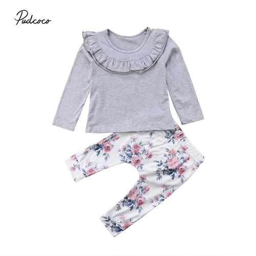 Pudcoco 2018 Newborn Baby Girls Clothes Set Cute Ruffle Long Sleeve Tops T-shirt+Flower Long Pants 2pcs Autumn Outfits 0-2T