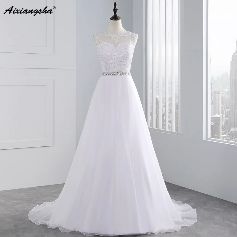 High Fashion In Stock A Line Beading Sash Wedding Dresses Sheer Neck Lace Appliques Bridal Dress