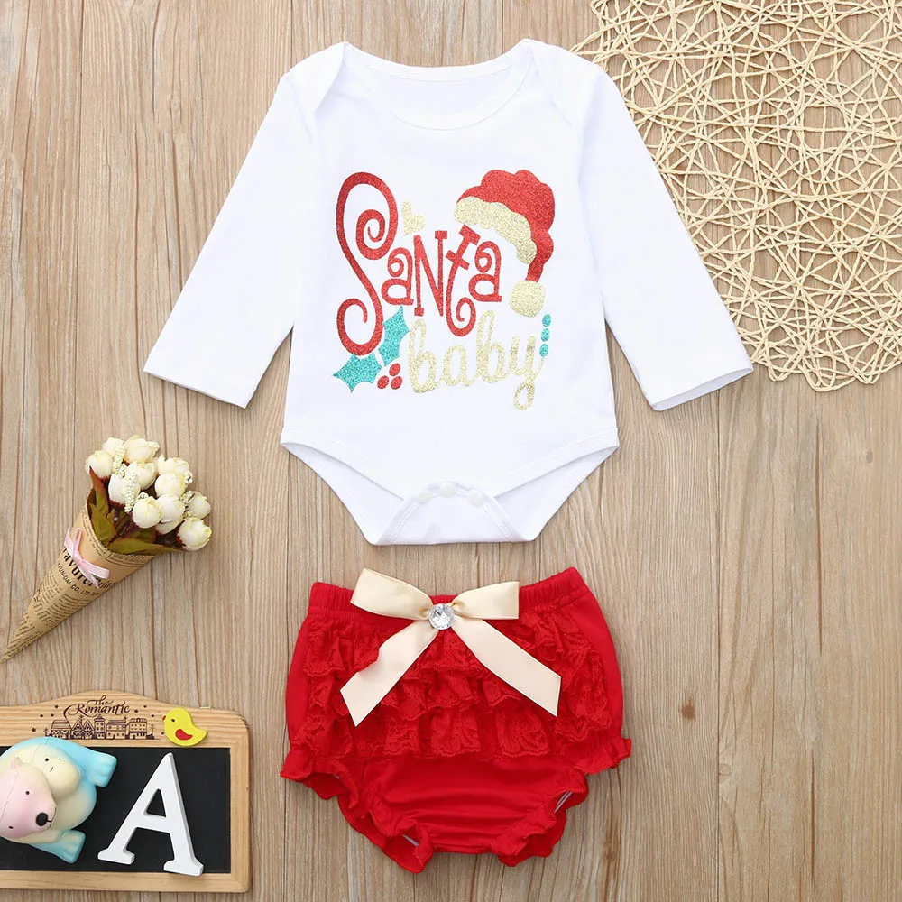 

Newborn baby Girl boy clothes Infant Baby Boys Girls Christmas Letter Print Jumpsuit Romper+Lace Shorts Outfit roupa infantil