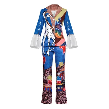 

New Animal Print Long Sleeve Turn-Down Collar Blazers Cartoon Print Long Trousers Pant Suits E5244