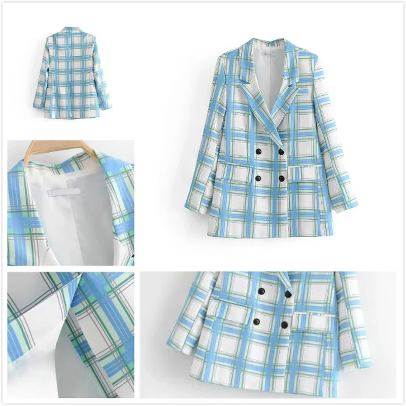Spring Vintage Women's Pant Suits Double Breasted Long sleeve Office Blazer Jacket And Nine Pants Sets Plaid 2 Piece Set Women