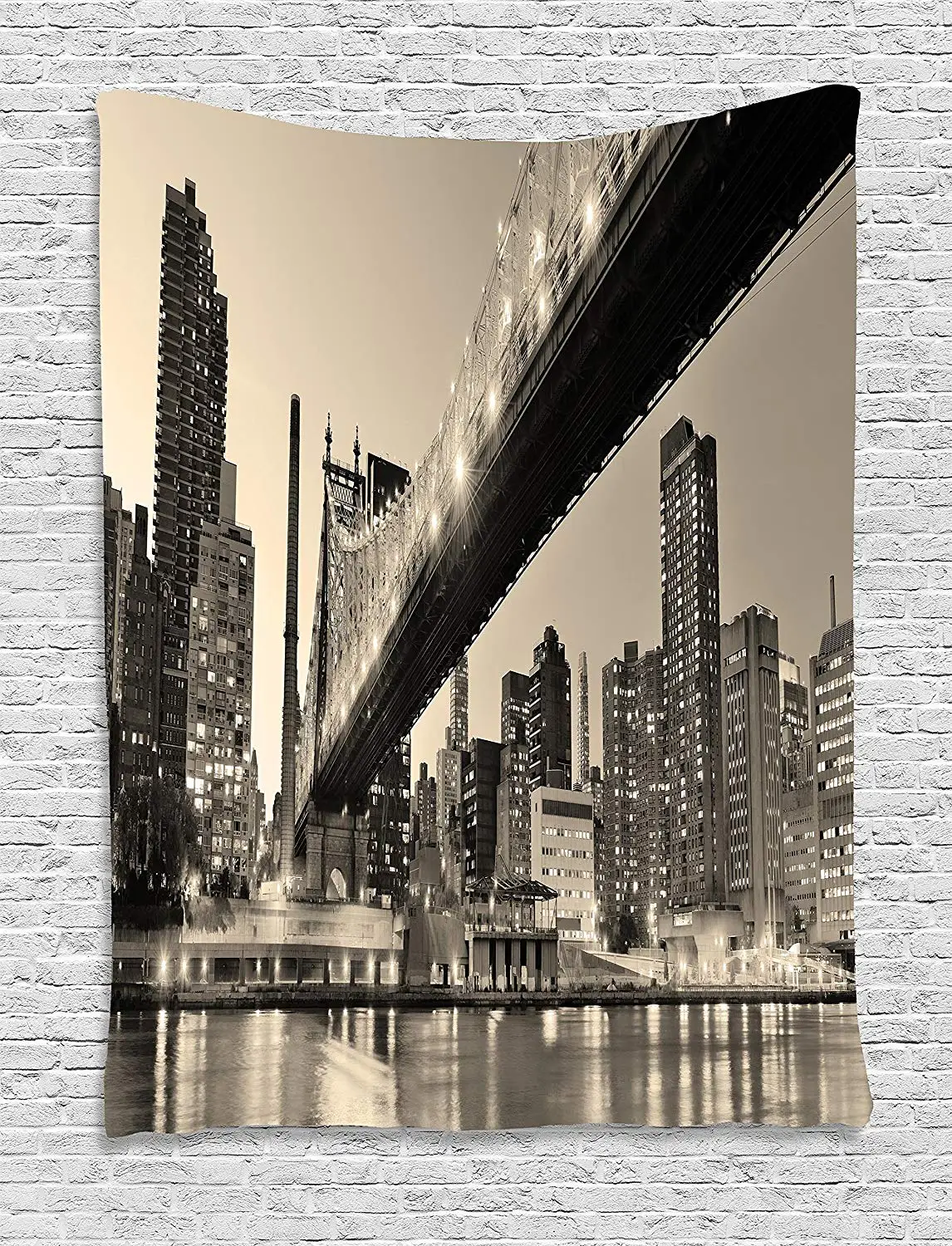 

New York Tapestry Queensboro Bridge NYC Night Sepia Artprints Urban City View Modern Selection Decor Wall Hanging Gray Brown