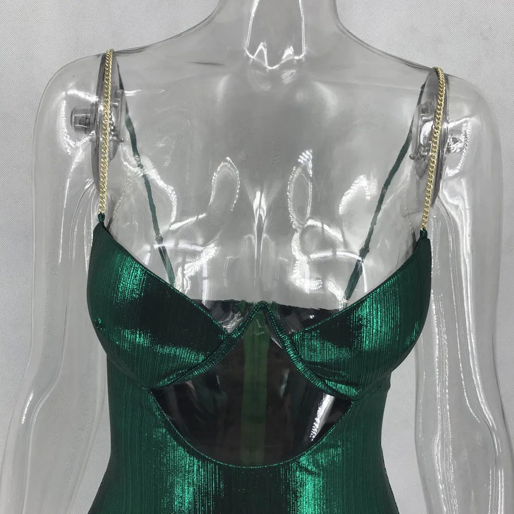 Сексуальные женские боди зеленого цвета с блестящими металлическими цепочками, купальники для пляжа, отдыха, модные женские купальники eDressU MS-DZT581