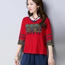 Летняя женская футболка с принтом в стиле ретро для матери среднего возраста, с принтом в национальном стиле хлопковые и льняные топы с короткими рукавами в стиле пэчворк